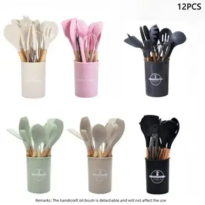 Silicone Kitchen Utensil Set, 12-Piece Cooking Tools Kit Including Spatula, Spoon, Tweezers, Whisk, Brush, Storage Basket Included, Wooden Spoon Set