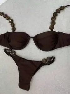 New Arrival Sexy Solid Spaghetti Strap Bikini Swimsuit, Fitted Plain Design, Perfect for Beach Holidays & Parties, Ideal for Dates