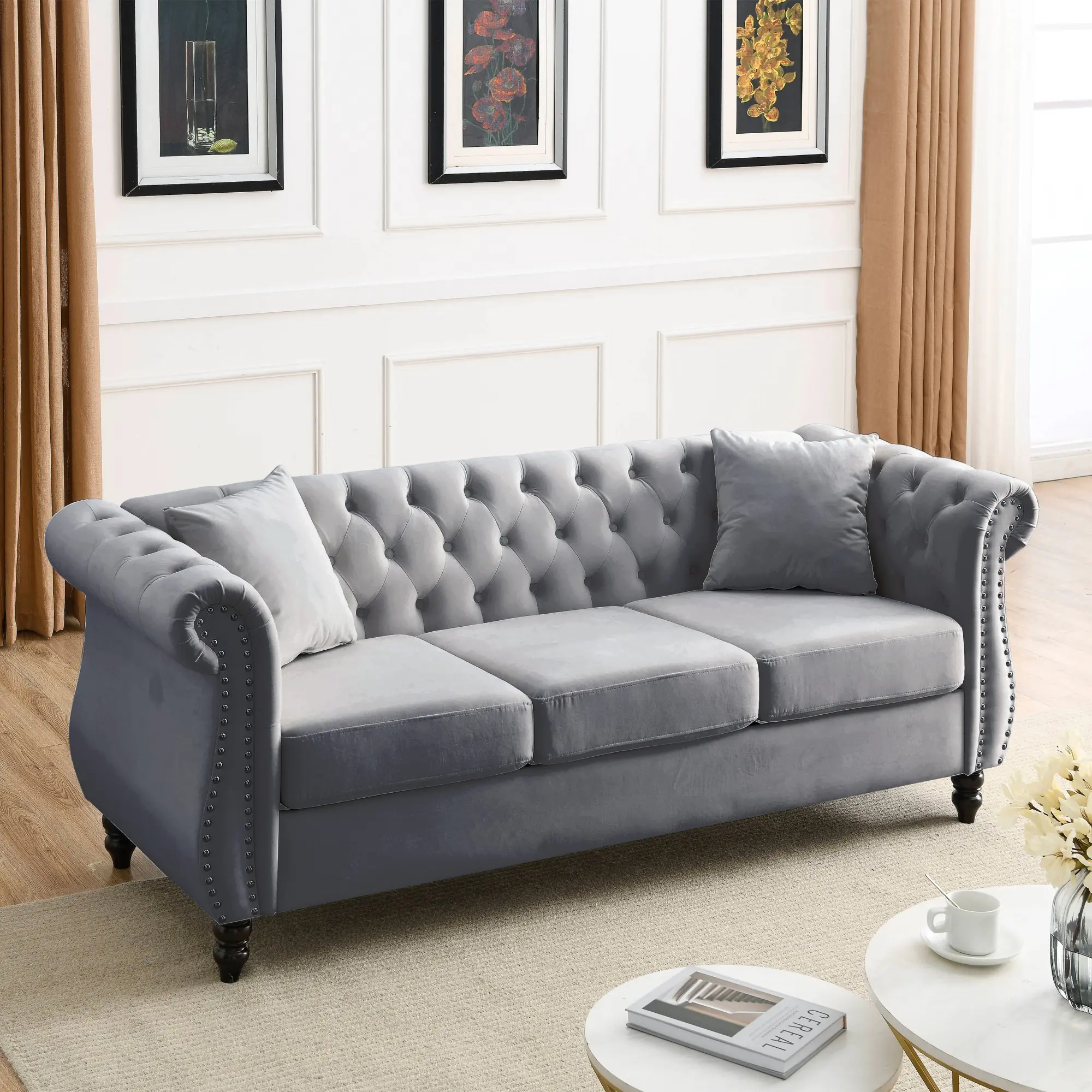 Eyisean 80" Velvet Vintage Chesterfield Sofa, 3-Seater Upholstered Couch with Nailhead Trim & Rolled Arms, Comfy Deep Seat Tufted Sofa with 2 Pillows, Easy Assembly for Living Room, Bedroom, Office, Apartment