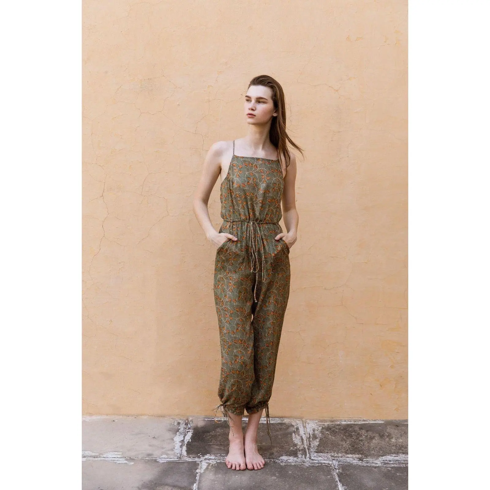 Hand-Printed Simané Jumpsuit (Safari Green)