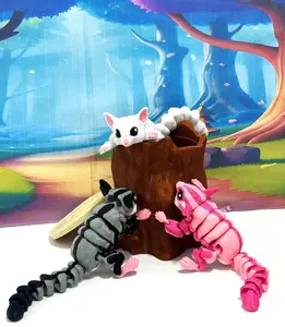 Articulated Sugar Glider with Tree Stump, 1pc 3D Printed Sensory Fidget Toy 5 Inches Executive Desk Toy ASGL001