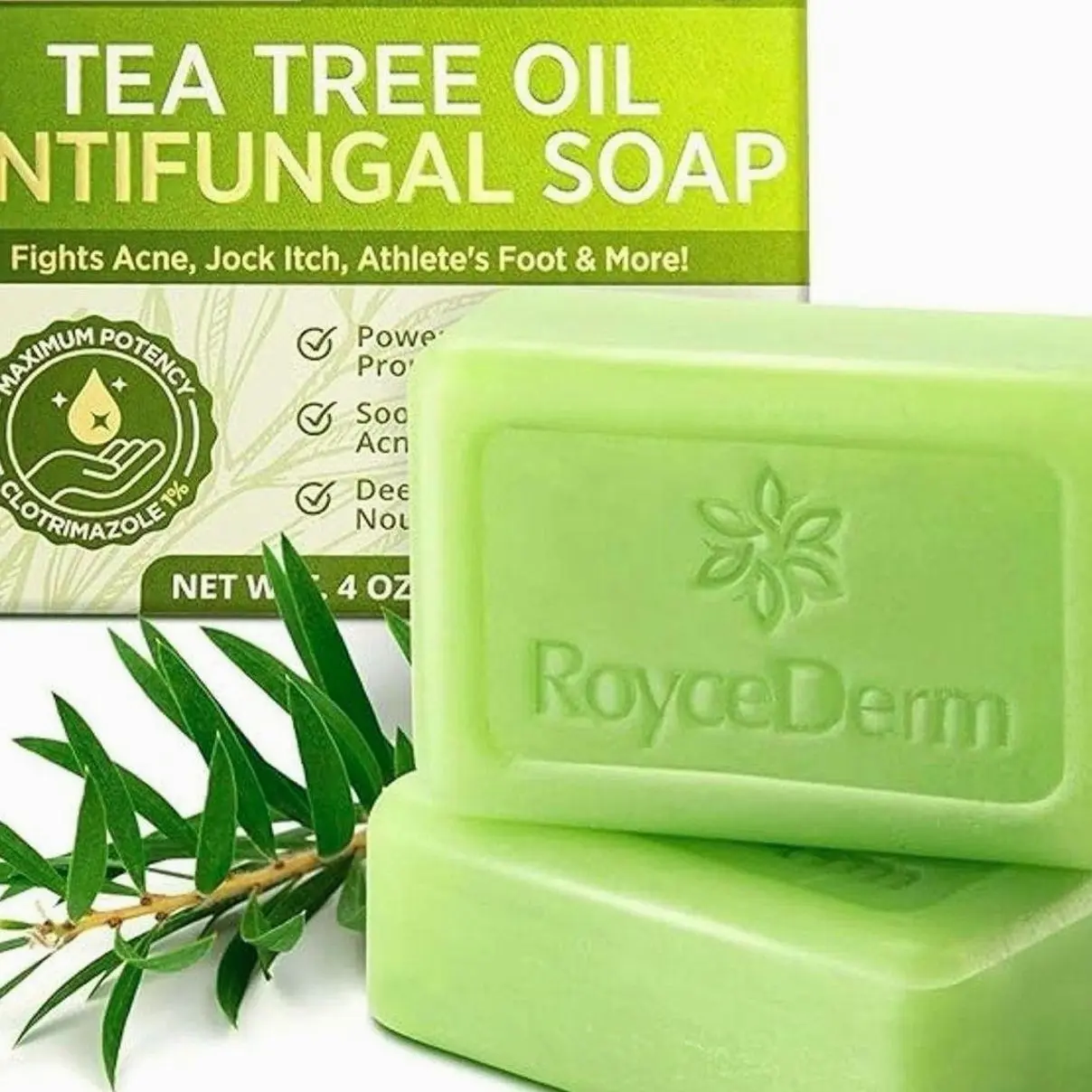 Roycederm Antifungal Antibacterial Tea Tree Soap: Antifungal Antibacterial Treatment for Face & Body Acne, Athlete's Foot, Tinea, Folliculitis Ringworm Jock Itch (Pack of 1)