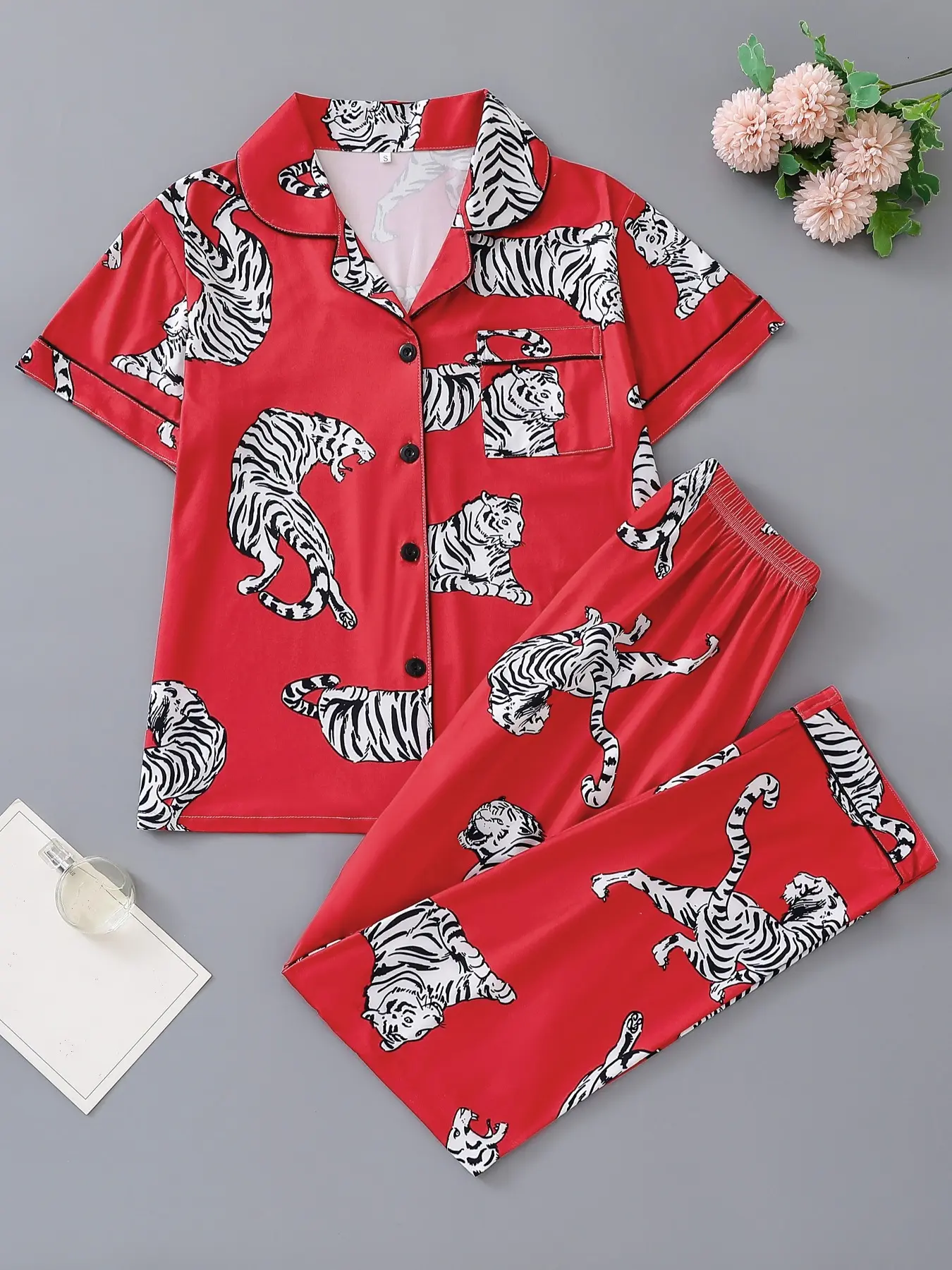 Women's Sleepwear Set, Loungewear, Tiger Animal Print, Elegant for Travel, Comfortable Lapel Short Sleeve Top & Wide Leg Pants, Casual Home Wear, Pajama Lounge Sets
