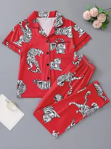 Women's Sleepwear Set, Tiger Animal Print, Elegant for Travel, Comfortable Lapel Short Sleeve Top & Wide Leg Pants, Casual Home Wear, Pajama Set