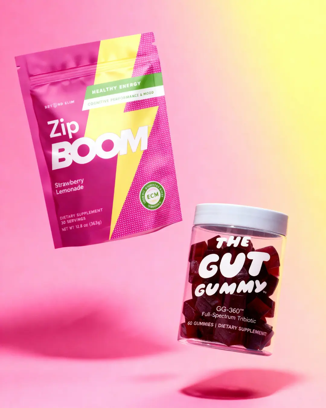 Flat Tummy Duo Bundle: 1 Bottle GG360 0 Sugar Tri-biotic Strawberry Gummies, 1 Bag Zip Boom for Energy & Cognitive Support - Gluten-Free, Vegan, Non-GMO