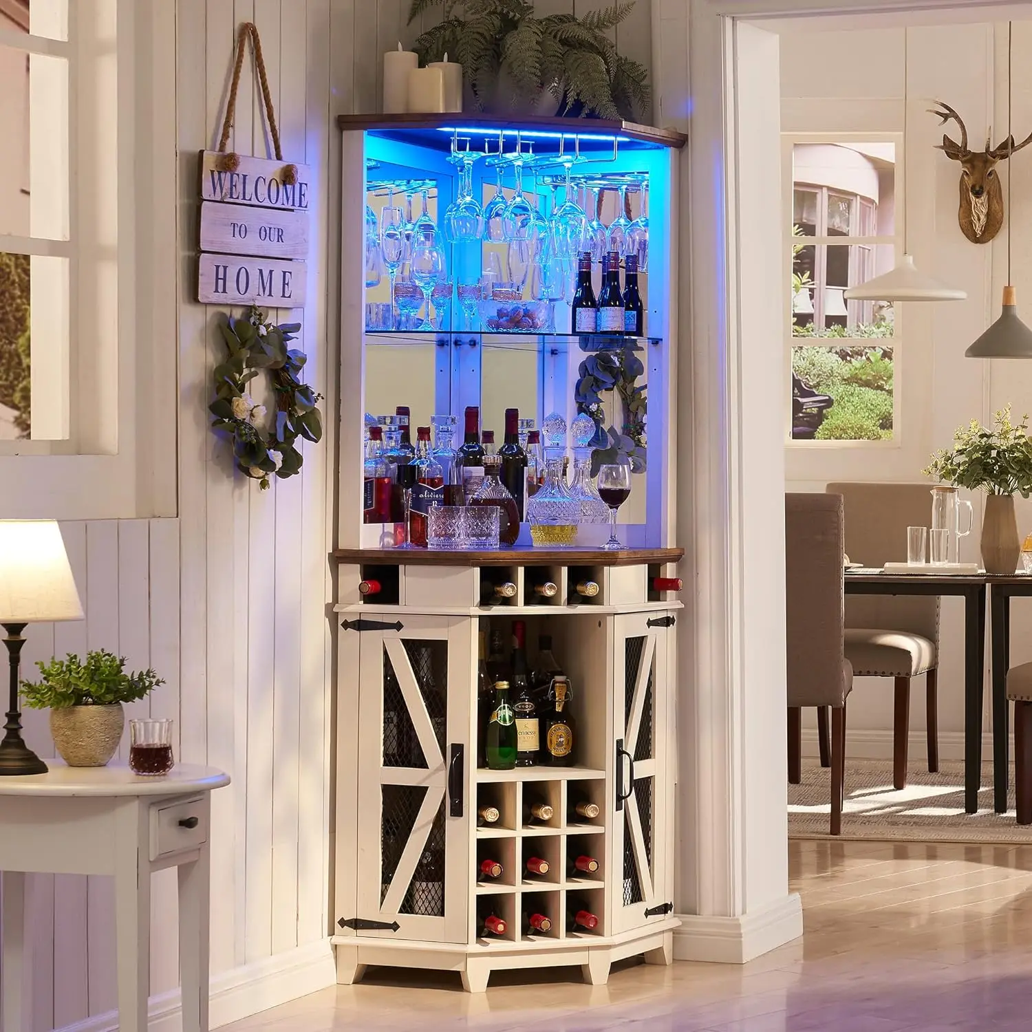 OKD Corner Liquor Cabinet, 72" Tall Right Angle Bar Cabinet, Corner Bar, Corner Cabinet, w/Barn Door & Adjustable Shelves for Home , w/LED Lights & Glass Rack for Dining Room, Living Room, Kitchen, White, Retro, Modern, Classic