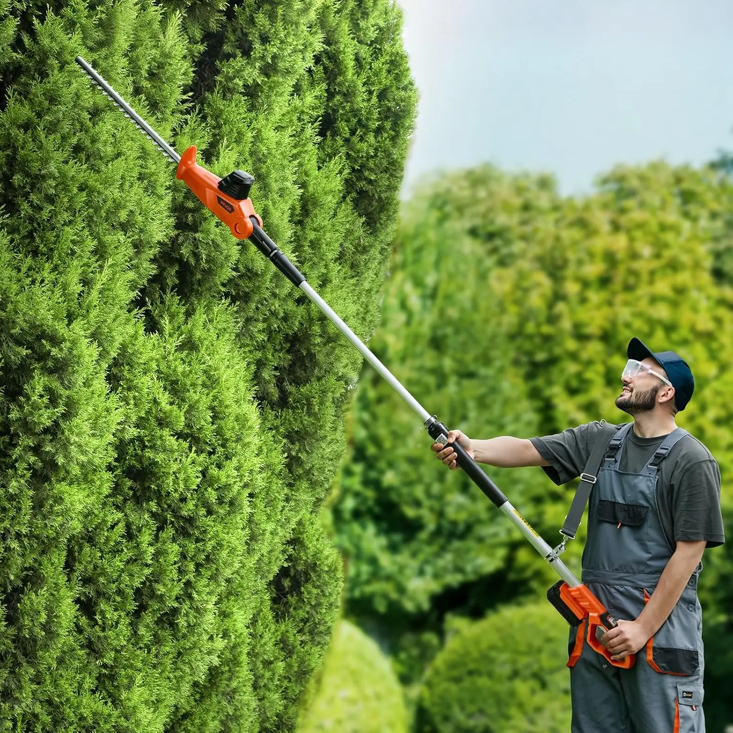 VEVOR Cordless Pole Hedge Trimmer with Pole Handle, 20V Electric Bush Trimming Kit, 18 In Double-Edged Steel Blade, 74-94 In Telescopic Reach, 2.0Ah Battery & Fast Charger Included, Chargers