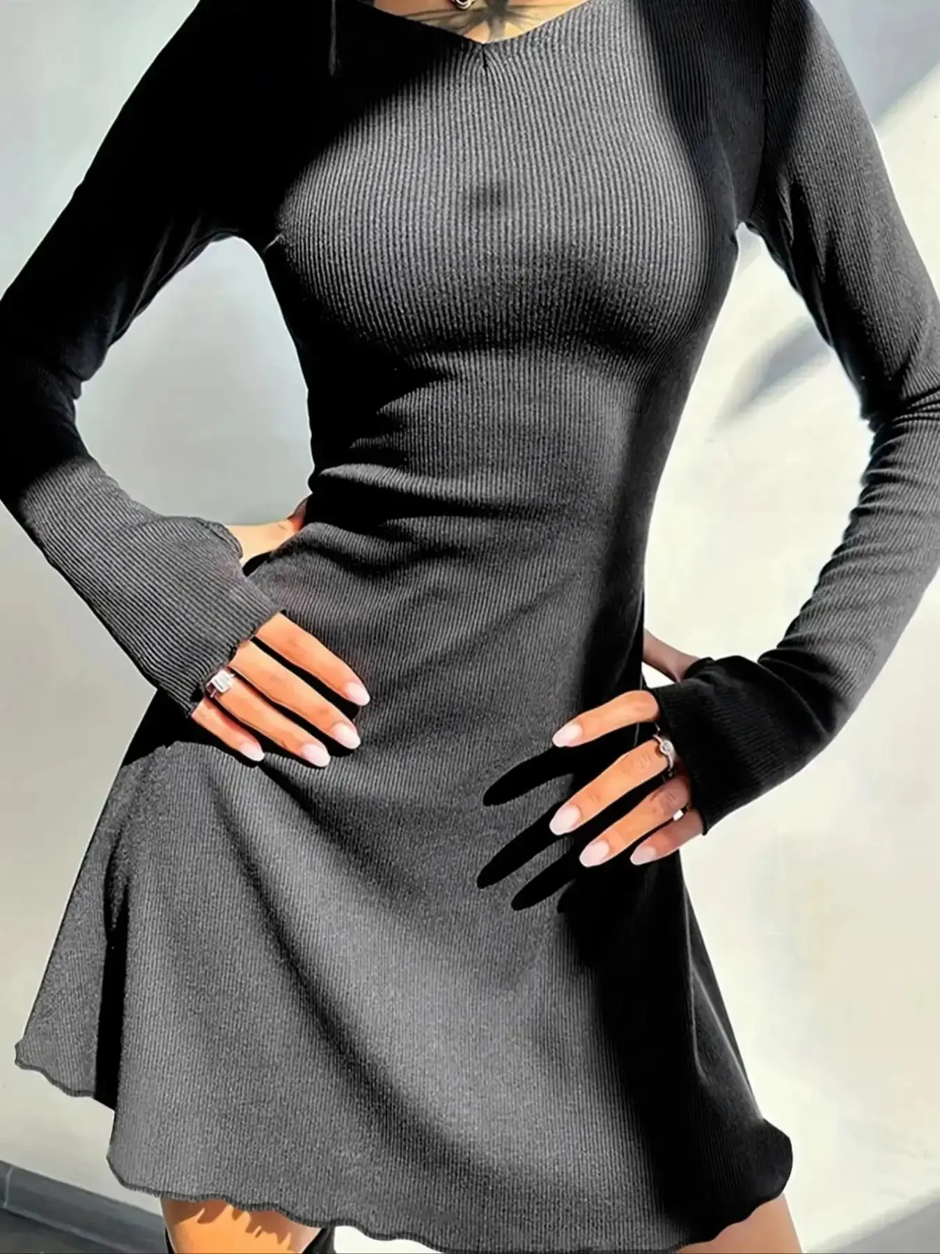 Women's Plain Tie Back Lettuce Trim Ribbed Dress, Casual Soft Long Sleeve V Neck Short A-Line for Spring & Fall, Clothing Daily Wear must have chic look trending now statement piece stylish