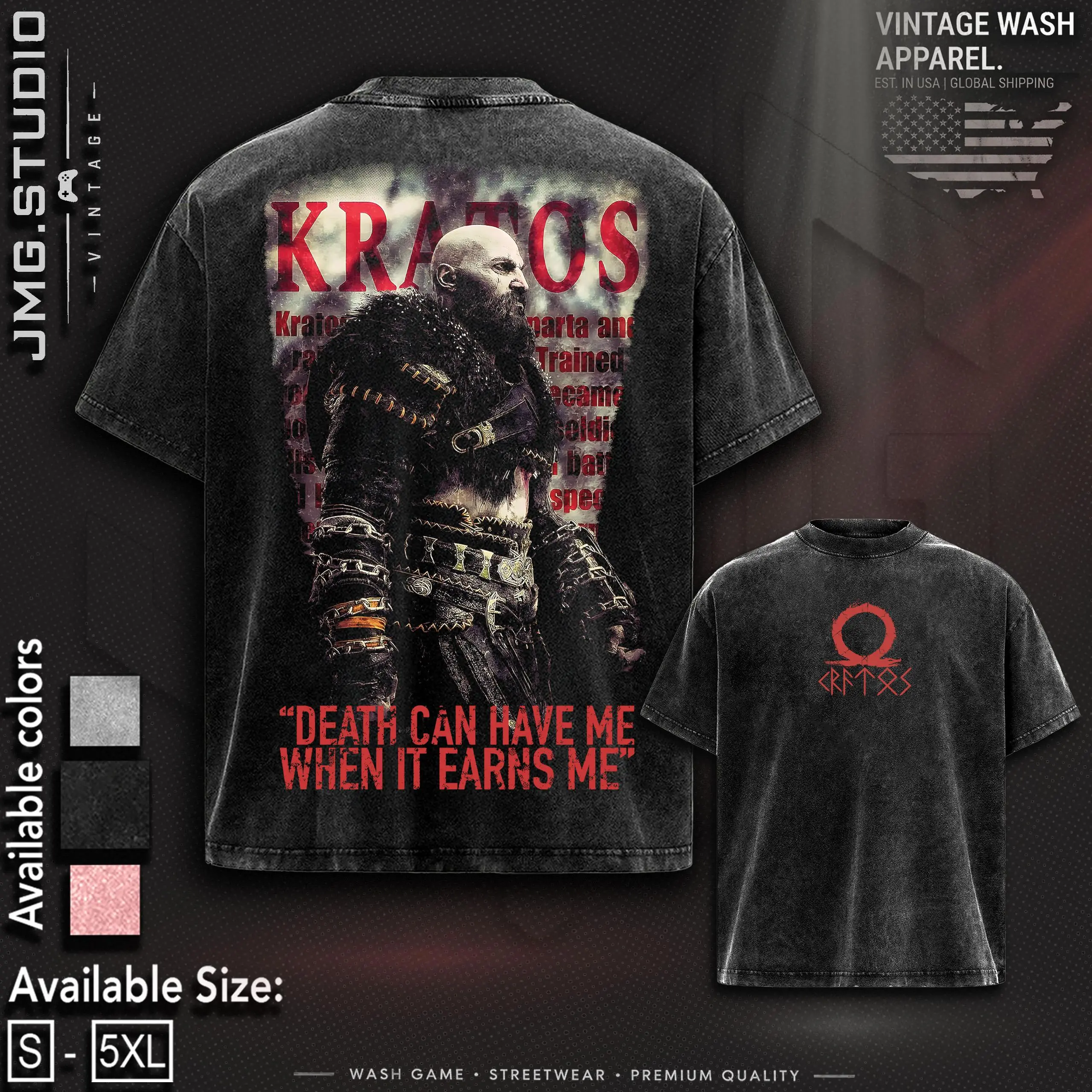 [NEW ARRIVALS] KRATOS T-Shirt Double Printed Unisex Acid Washed Lightweight Cotton TShirt, Hoodies, Sweatshirt Vintage RPG Boss Tee, Fantasy Gaming Fan