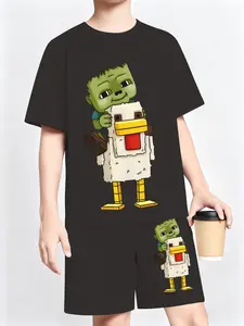 Boys Minecraft Zombie Chicken Print Short Sleeve T-Shirt Shorts Set, Summer Casual Sports, Slim-Fitting All over Print