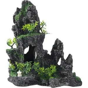 Large Fish  Decorations - Mountain View Aquarium Ornament with Tree House Cave Bridge,, 10.24x9.45x5.12 inches, C
