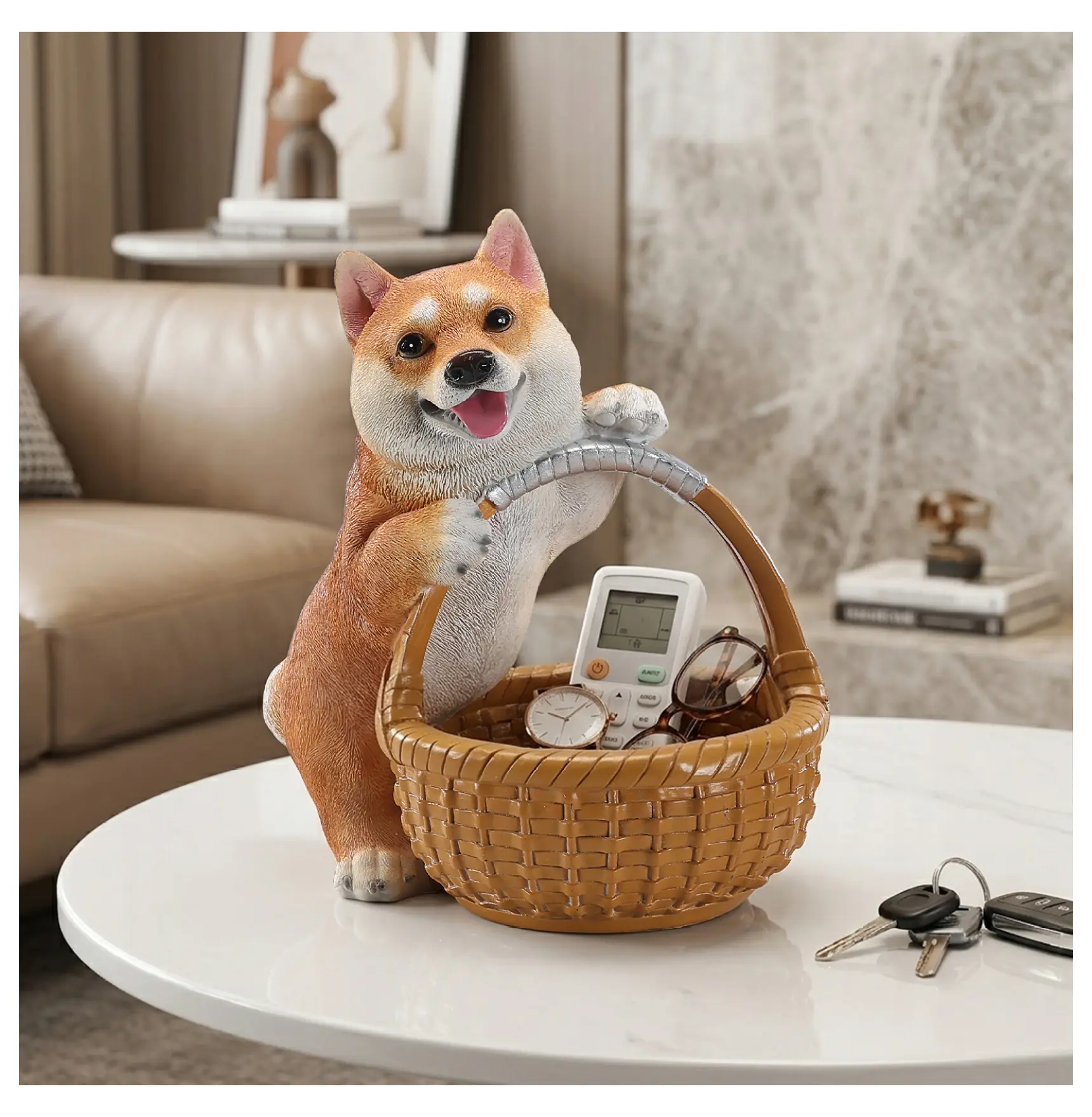 Japanese Orange Resin Shiba Inu Statue with Key Basket - 5 in Basket Diameter, 8 in Height, Animal Figures Figurines, Home Decor for Decorating My Apartment Entryway, Dog Lover Gift, Sculpture, Polyresin