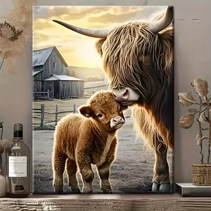 2D 1 Unique Style Solid Wood Frame Canvas Painting Highland Cow And Calf, Animal Lover Gift_ Perfect For Home Decoration, Festive Occasions And Gifts For Him/Her. Suitable for living room and bedroom, ready to hang.