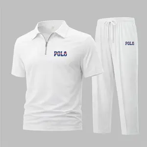 Men’s American Style Graphic Waffle Knit Polo Shirt and Pants Set – Flag Letter Print Short Sleeve Zip-Up Collar Polo and Jogger Set, Lightweight Breathable Comfortable Casual Sportswear for Travel, Daily Wear