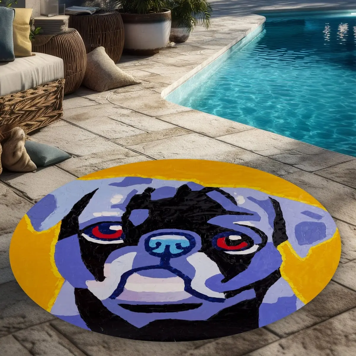 360 Stand Black Round Animal Print Pug Area Rug, 5x5 ft, Playful Look, Easy Cleaning, Durable Indoor-Outdoor Home Decor Carpet, Round Shape, Printed Rug, Animals, Black Rug