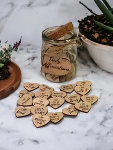 Daily Affirmation Jar with Hearts, Affirmation Tokens, Heart Wood Tokens, Positive Pocket Tokens, Motivational Gift, Gift for Her