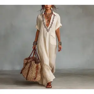 Summer Deep V Embroidered Cotton Linen Dress with Pocket Design, Travel Casual