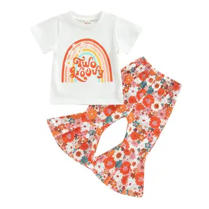 Toddler Baby Girl Rainbow Floral Short Sleeve T-Shirt Tops Flared Bell-Bottom Pants Set Kids Summer Outfits