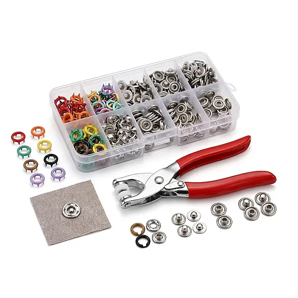100Pcs Metal Snap Fasteners Kit with Manual Pliers Tool & Storage Box, 9.5mm Invisible Colored Snap Buttons for Clothing, Hats, DIY Sewing Crafts