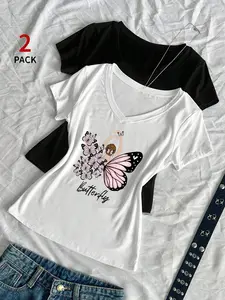 Women's Butterfly Fairy Print V-Neck T-Shirt Set, Sweet Girl Aesthetic Short Sleeve Top, Summer Soft Casual Wear, Tiktok Fashion