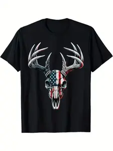Whitetail Deer Hunting American Flag Buck Skull Men's T-Shirt Comfortable Durable Fabric Vintage Design Suitable for All Seasons