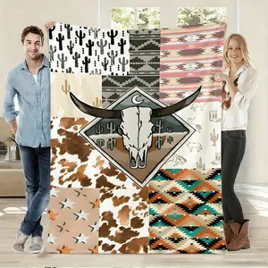 Western Desert Cow Skull Patchwork Flannel Blanket, Soft Warm Anti-Pilling, Ideal for Naps Camping Travel