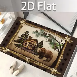 Forest Cabin Bear Print Rug, Non-Slip Door Mat, Suitable for Entrance Hall, Balcony, Garage, Multiple Scenarios, Velvet, 850g/m²