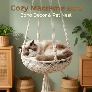 Handwoven Macrame Cat Hammock Bed Cozy Hanging Nest for Cats 12 x 39 inches Durable Cotton Rope Stylish Boho Decor Pet Nest (one piece)