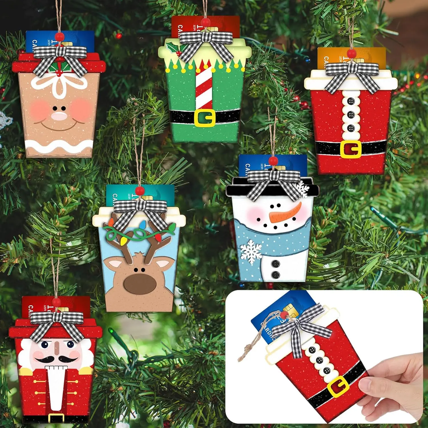 6 Pcs Christmas Card Holder Gift Wooden Nutcracker Snowman Santa Money and Gift Card Sleeves Christmas Cash Holders Xmas Decors for Xmas Tree Ornament Winter Holiday Decor(Sweater)