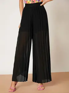 Women's Solid Color Sheer Panel Tie Waist Pants, Elegant Comfy Trousers for Work Office Business, Ladies Bottoms for All Seasons