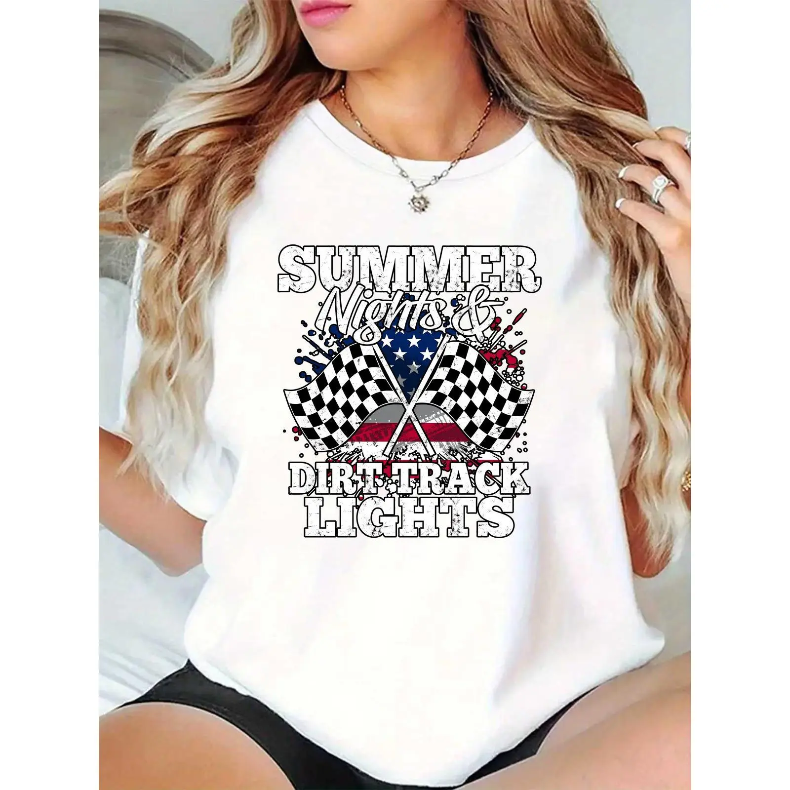 Women's Short-Sleeve Cotton T-Shirt - Lightweight, Breathable, Comfortable Fit - Dirt Track Lights, Checkered Flags, American Flag Graphic - Casual Racing Patriotic 4th of July Tshirt, Skirts, Round Neck