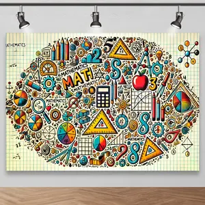 Math Classroom Photo Backdrop - Educational Party Decor with Symbols, Calculations & Geometry Designs, Polyester, Photography Studio, Display Banners White