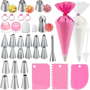 66Pcs Piping Bags and Tips Set, Cake Decorating Tools Supplies, Stainless Steel frosting tips with Reusable Pastry Bag for DIY Pastry Dough, Cookie, Cupcake, Cake (Pink)