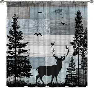 Rustic Forest Deer Curtains,Cabin Farmhouse Country Lodge Blue Brown Wooden Window Treatments,Bear Deer Moose Wild Animals Curtains for Living Room Bedroom,84x84 Inch Blackout