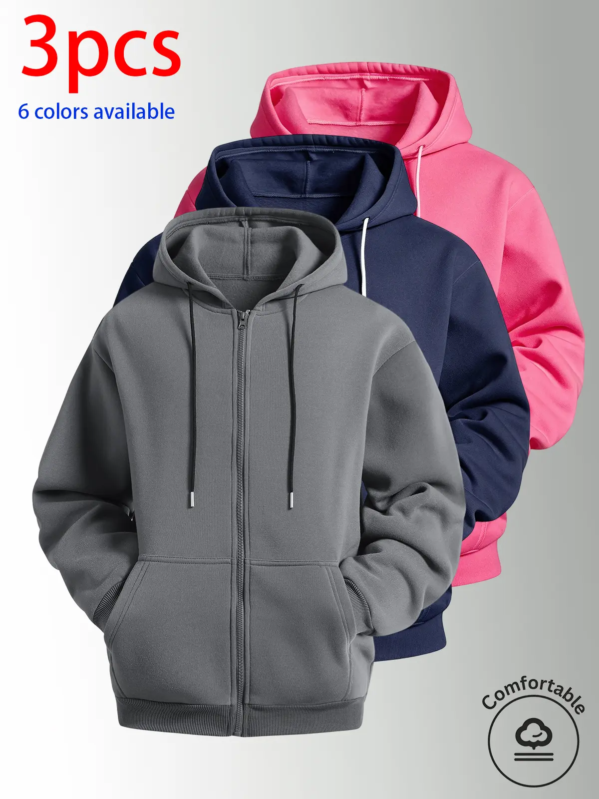 3-pack men’s tops: men’s long-sleeve sweatshirt, men’s hooded cardigan sweatshirt.Full zip opening for easy on and off, adjustable drawstring hood, windproof and warm, loose fit that flatters the figure and is versatile—suits all body types.Available in m