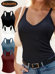 Women's V Neck Ribbed Stretchy Tank Top Set, Built-In Bra, Thin Straps, Sleeveless Basic Tee, Fashion Series, Casual Slim Fit Vest