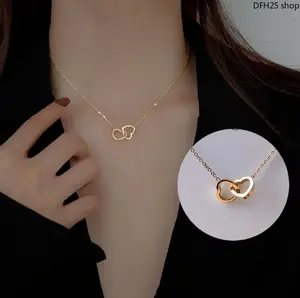 18K Rose Gold Heart Interlocking Necklace - Korean Minimalist Titanium Steel Jewelry, Waterproof Hypoallergenic, Dainty Daily Wear Pendant for Women