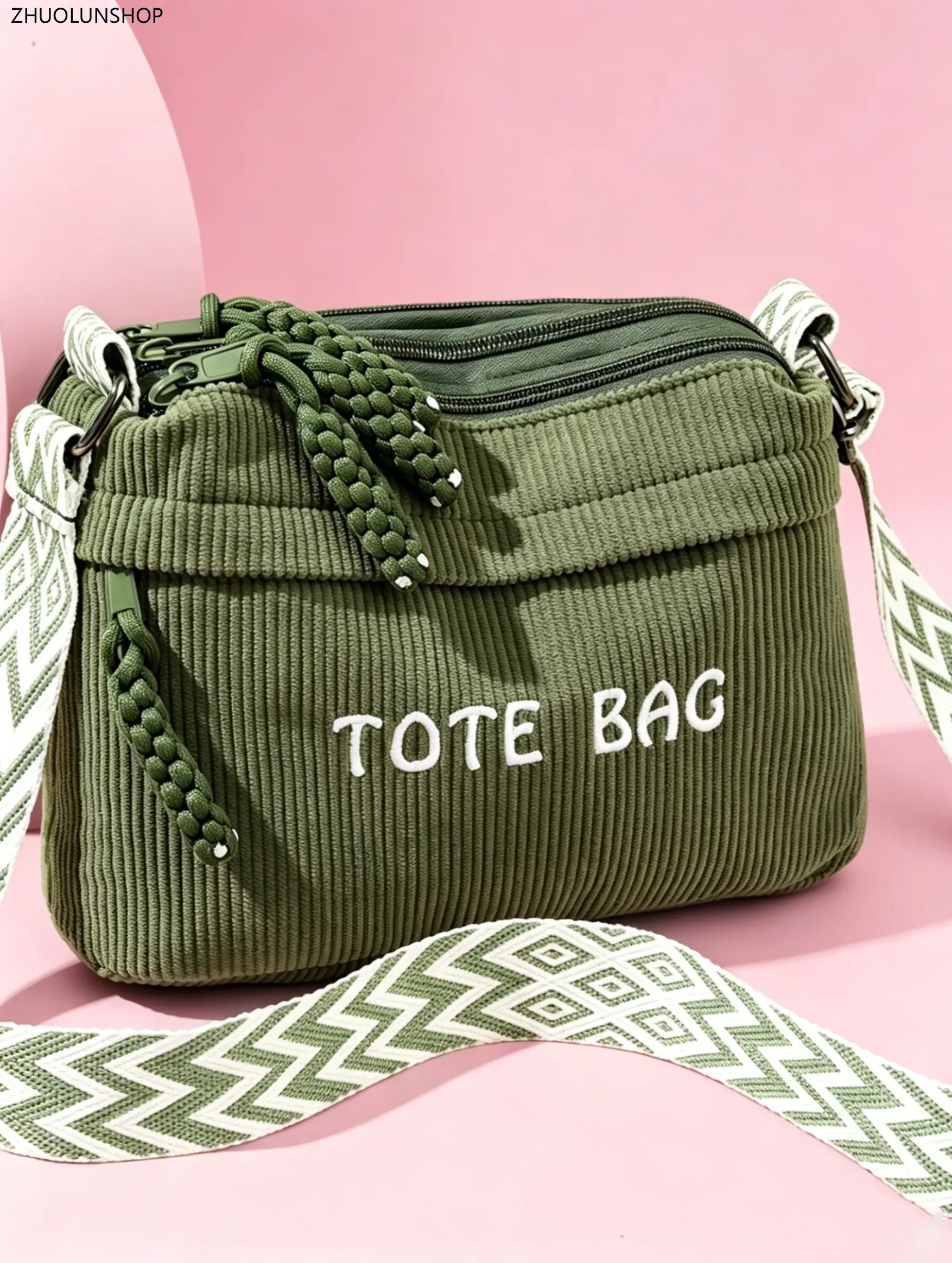 Women's Cute Corduroy Crossbody Tote Bag - Casual Fashion Shoulder Purse with 3 Zipper Pockets, Braided Charm, Adjustable Strap, Multi-Color Lightweight Daily Handbag