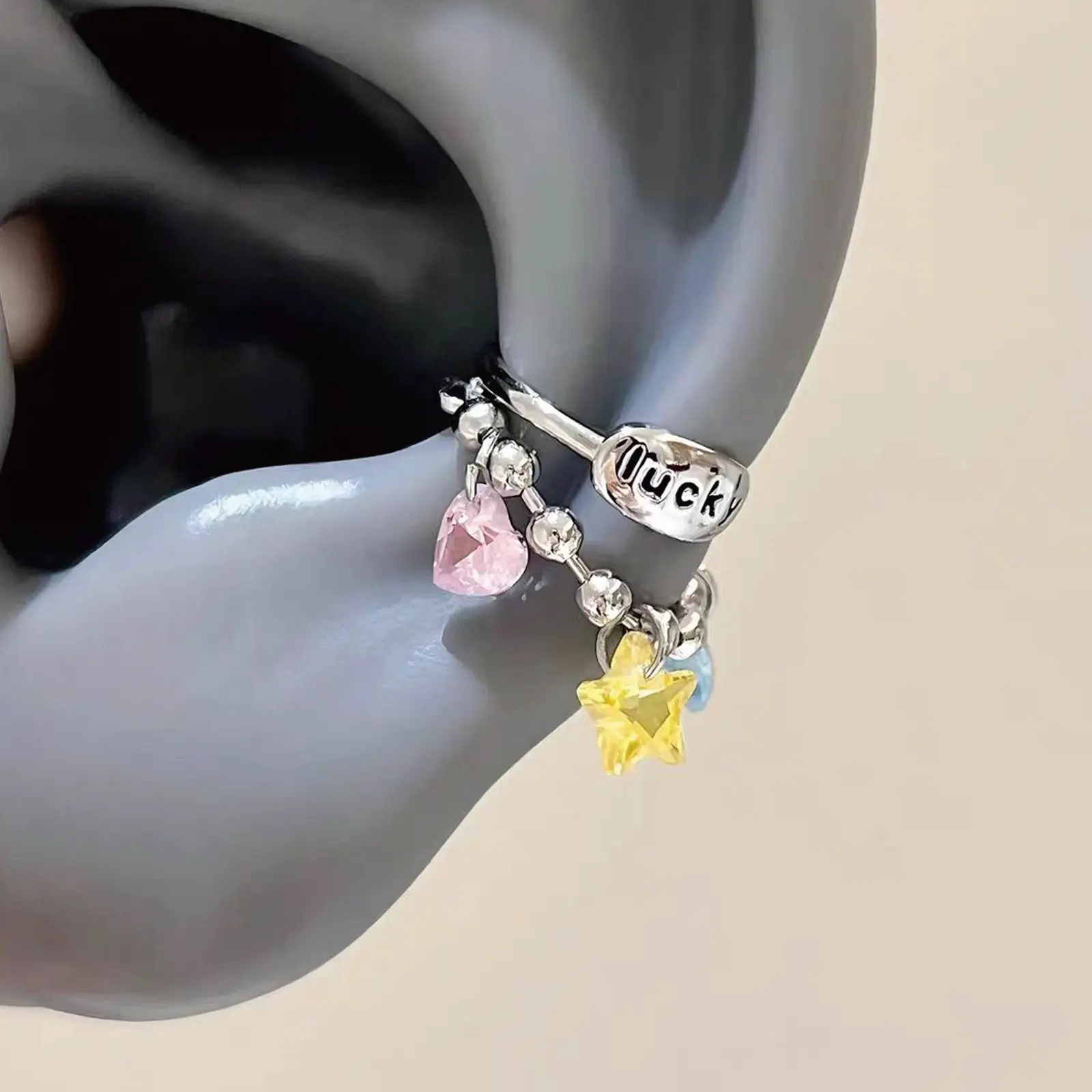 Lucky Sparkle Star Heart Rhinestone Cartilage Stud with Double Layer Ear Chain, Hypoallergenic Stainless Steel Helix Piercing Earring, Y2K Stackable Dopamine Jewelry for Women, Gift for Best Friend