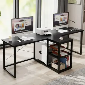 Two Person Desk with Storage Shelves, 92.5" Double Computer Desk with PC case Stand for Home Office, Home Craft Table Workstation, Heat Press Table, Long Gaming Desk,Black