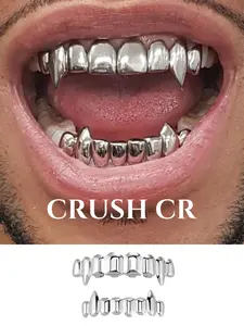 CRUSH CR 18K Gold Plated Vampire Fangs Tooth Grillz for Men Women, High-Shine Polished Finish, Sharp Fang Design, Hypoallergenic Removable, Perfect for Hip Hop Concerts, Music Festivals, Halloween Parties, Cosplay Events Club Nights, Goth Aesthetic