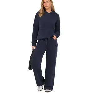 TFNOSIZE Women's Navy Blue 2-Piece Knit Set Hoodie & Wide-Leg Pants with Pockets Drawstring Long-Sleeve Lounge Tracksuit Basic Fitted Clothing