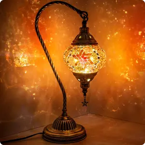 AGS Yarra-Decor Turkish Moroccan Lamp with Bronze Base 3-Way Color Changing Handmade Swan Neck Tiffany Mosaic Glass Bedside Lamps for Bedroom (LED Bulb Included) (Red2)