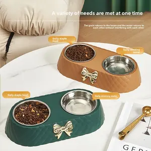 Bow Pet Bowl Set, Stainless Steel Dual Bowls Tray Anti-Tip Non-Slip Luxury Cat Dog Feeding Dish, Elegant Design for Pets