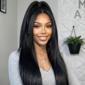 【24''=$129 】Sunber 13x4 HD Lace Front Wigs 200% Density Layered Cut Slight Yaki Straight Wigs With Drawstring Pre Bleached Tiny Knots Glueless Ready To Wear Natural Black Wigs Summervibes