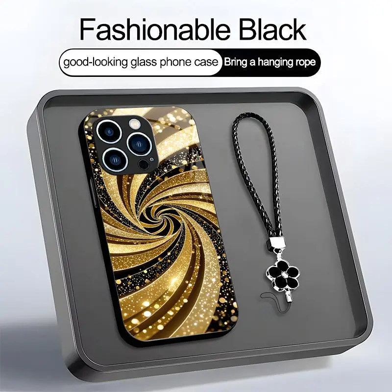 Luxury Liquid Gold Swirl Glitter Fluid Art Aesthetic Phone Case with Lanyard for iPhone 13 Pro Max - 975, Smartphone Cellphone Mobile Accessories