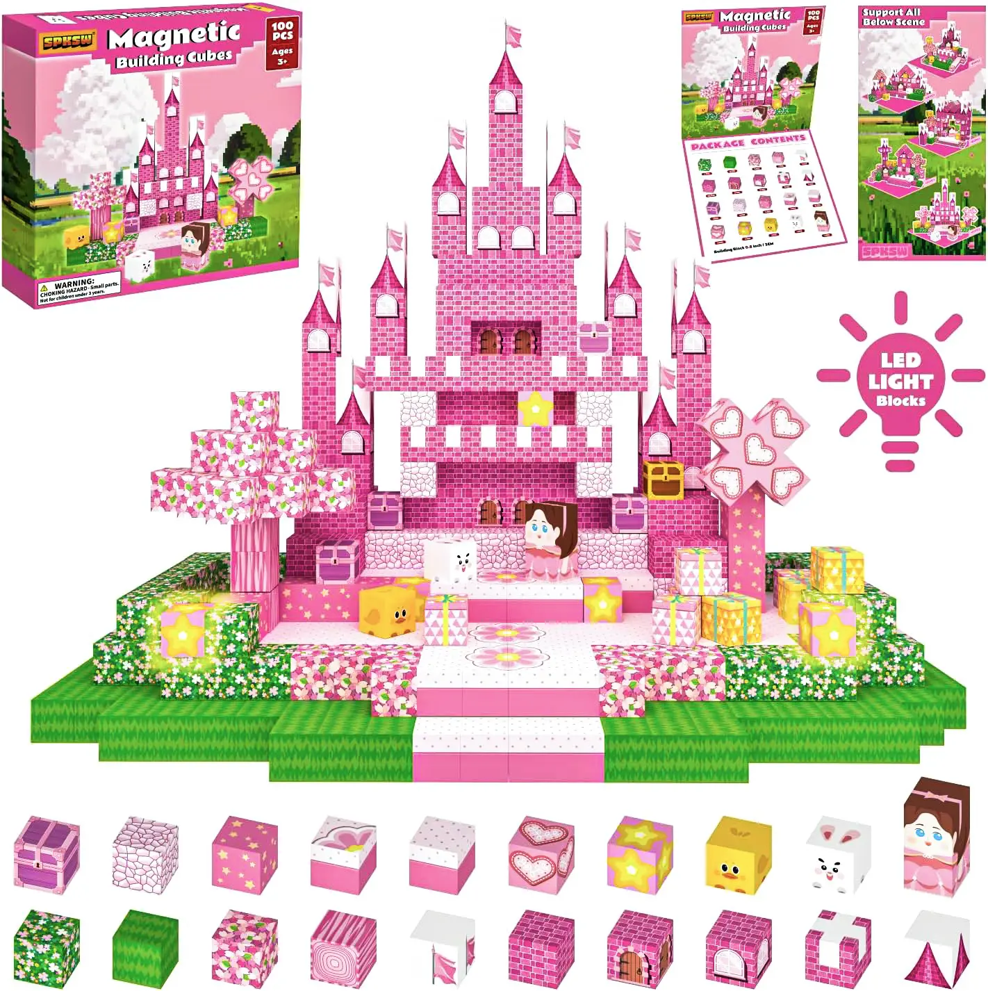 100Pcs BPA-Free Magnetic Tiles Construction Toy with 2 Glow Magnetic Blocks, 0.8×0.8×0.8 Inch Bricks & Parts, Strong Magnets, Sturdy Build, STEM Montessori Sensory Toy, Fantasy & Sci-Fi DIY Gift for Kids Ages 3-12