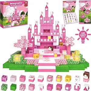 100Pcs Magnetic Tiles, DIY Castle Pink Castle, 2 Glow Magnetic Blocks, Strong Magnets,Sturdy Build, STEM Montessori Sensory Toy, Gift For Kids Ages 3-12