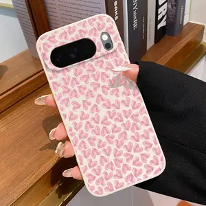 Rounded Edge Phone Case for Google Pixel 10 9 8 7 Pro A XL Pink Heart Delight Pattern Anti-Scratch Shockproof TPU Bumper Drop-proof Cover Cellphone Protective