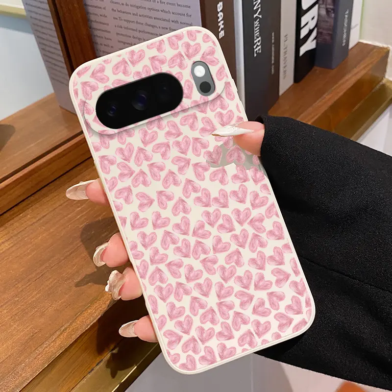 Rounded Edge Phone Case for Google Pixel 10 9 8 7 Pro A XL Pink Heart Delight Pattern Anti-Scratch Shockproof TPU Bumper Drop-proof Cover Cellphone Protective